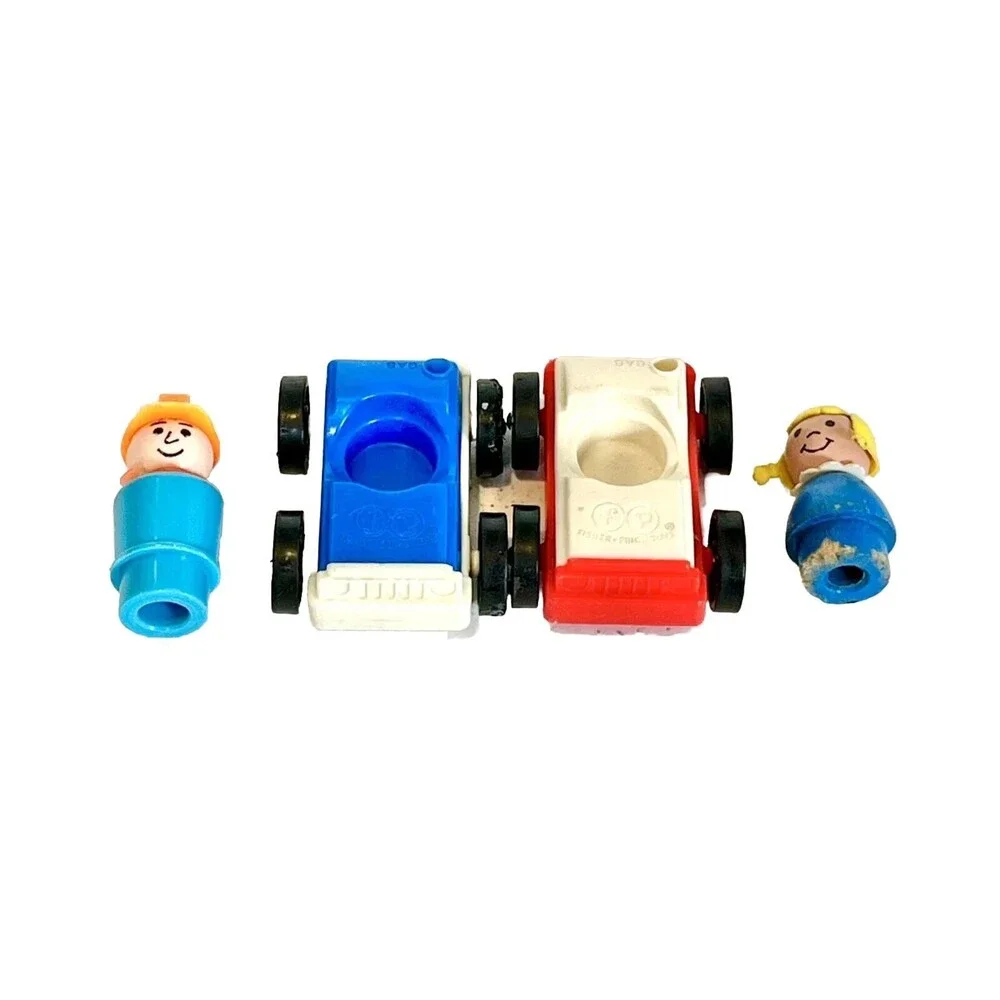 Vintage Fisher Price Little People Retro Colorblock Cars Blonde Girl Hardhat Boy